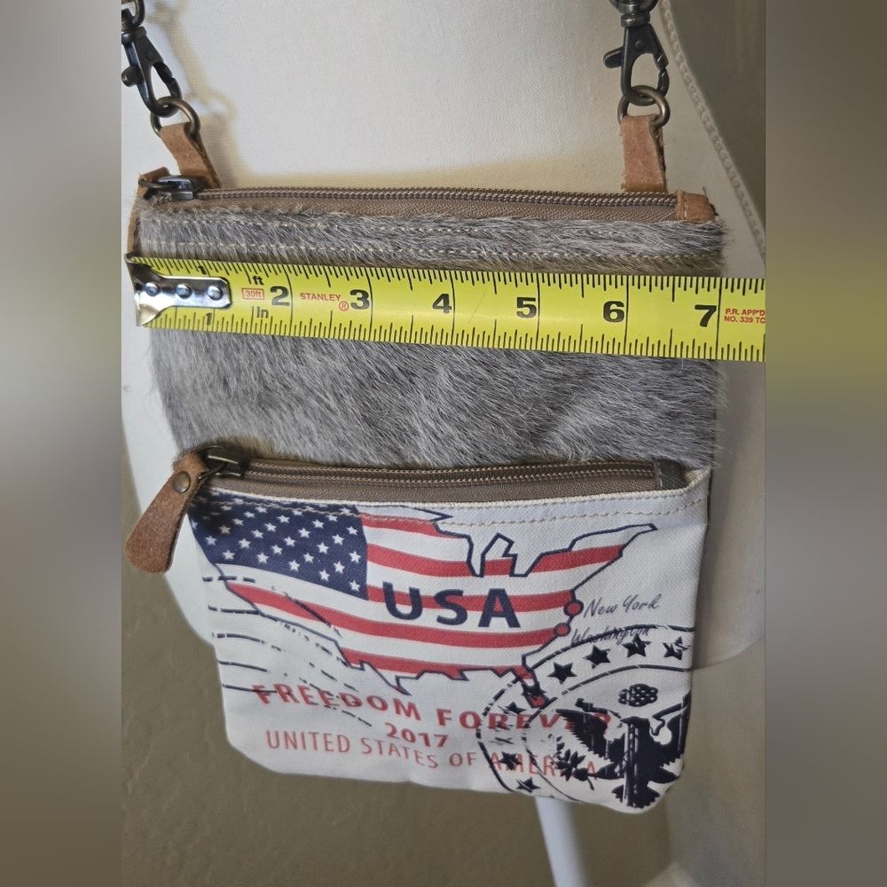 Myra Freedom Forever Crossbody Bag with Cowhide Accent. 7" x 10" - Picture 3 of 7